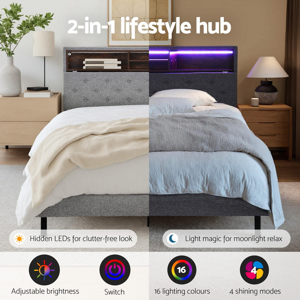 Double Bed Frame with LED Lighting and Hidden Storage – Grey Upholstery