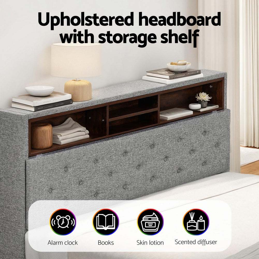 Double Bed Frame with LED Lighting and Hidden Storage – Grey Upholstery