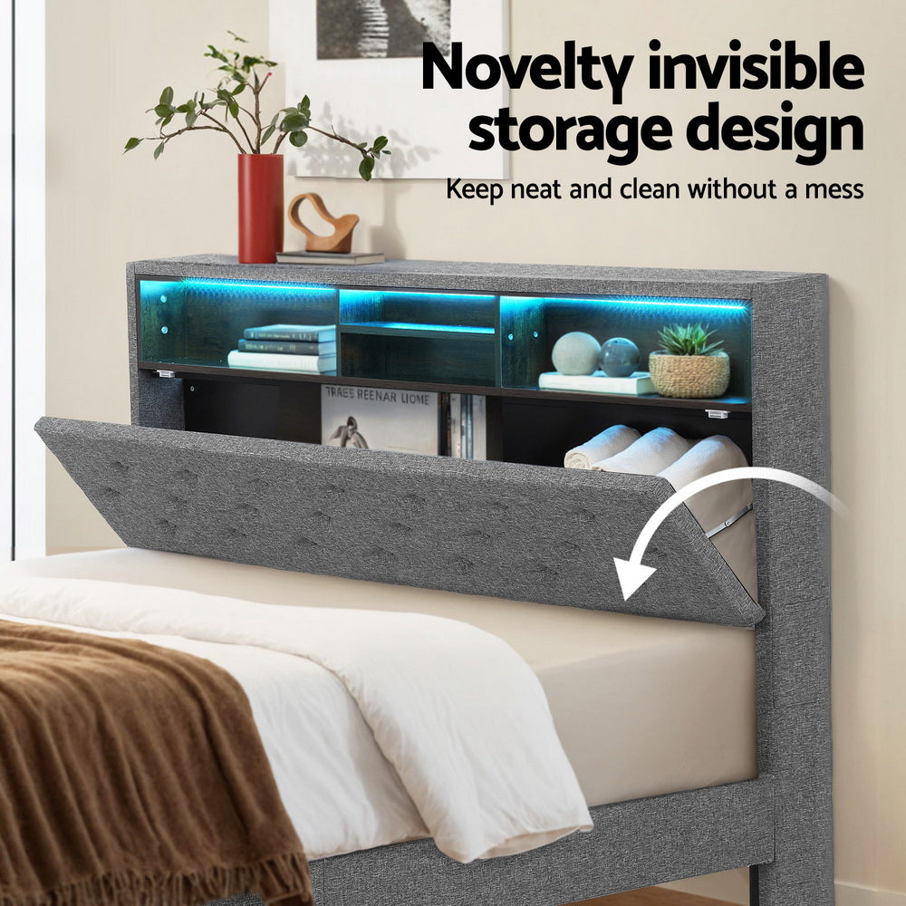 Double Bed Frame with LED Lighting and Hidden Storage – Grey Upholstery