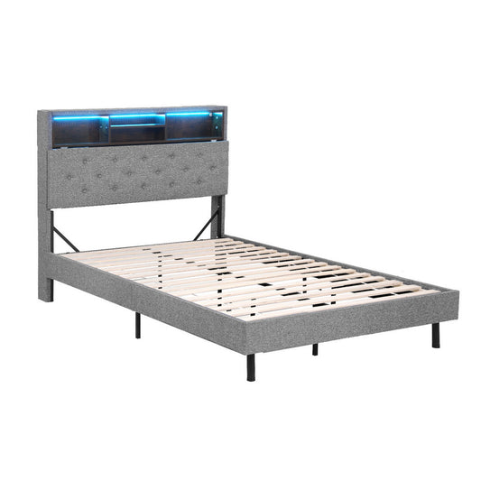 Bed Frame with LED Lighting and Hidden Storage – King Single, Grey Faux Linen