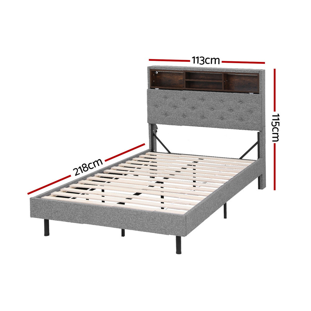Bed Frame with LED Lighting and Hidden Storage – King Single, Grey Faux Linen