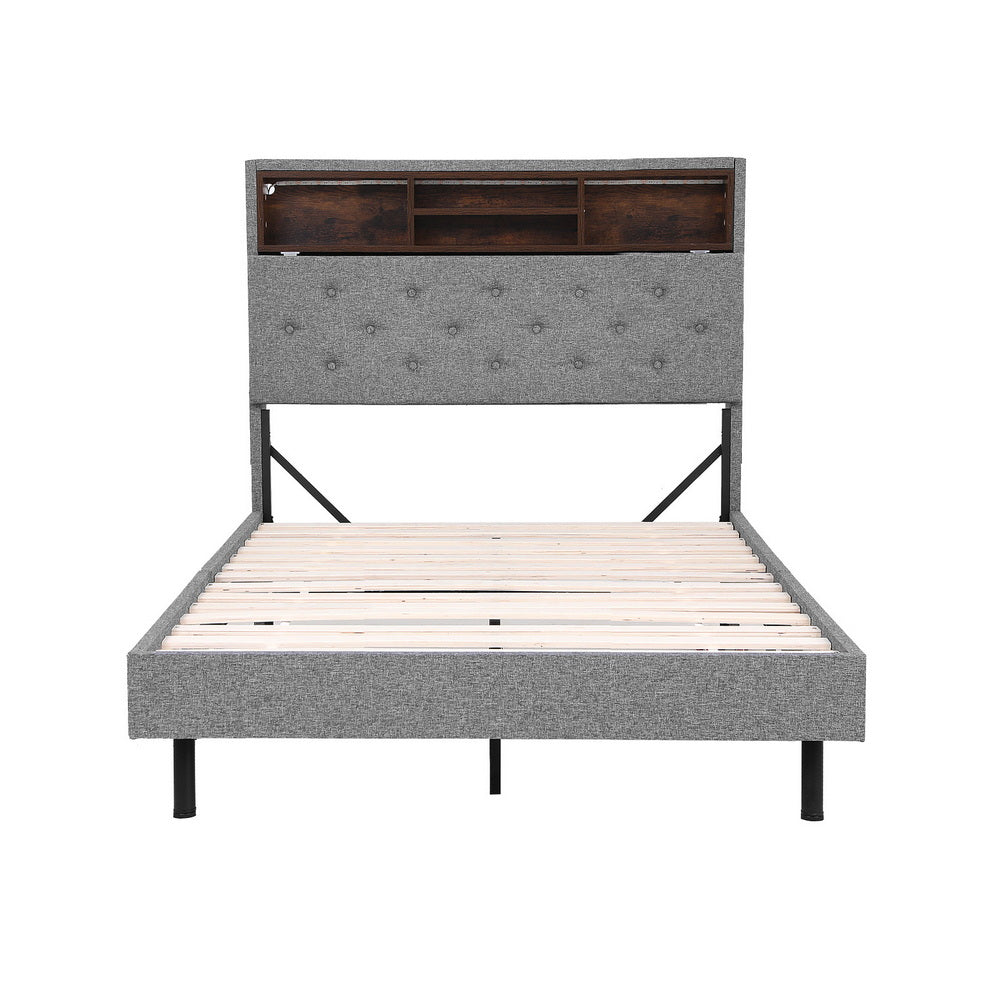 Bed Frame with LED Lighting and Hidden Storage – King Single, Grey Faux Linen