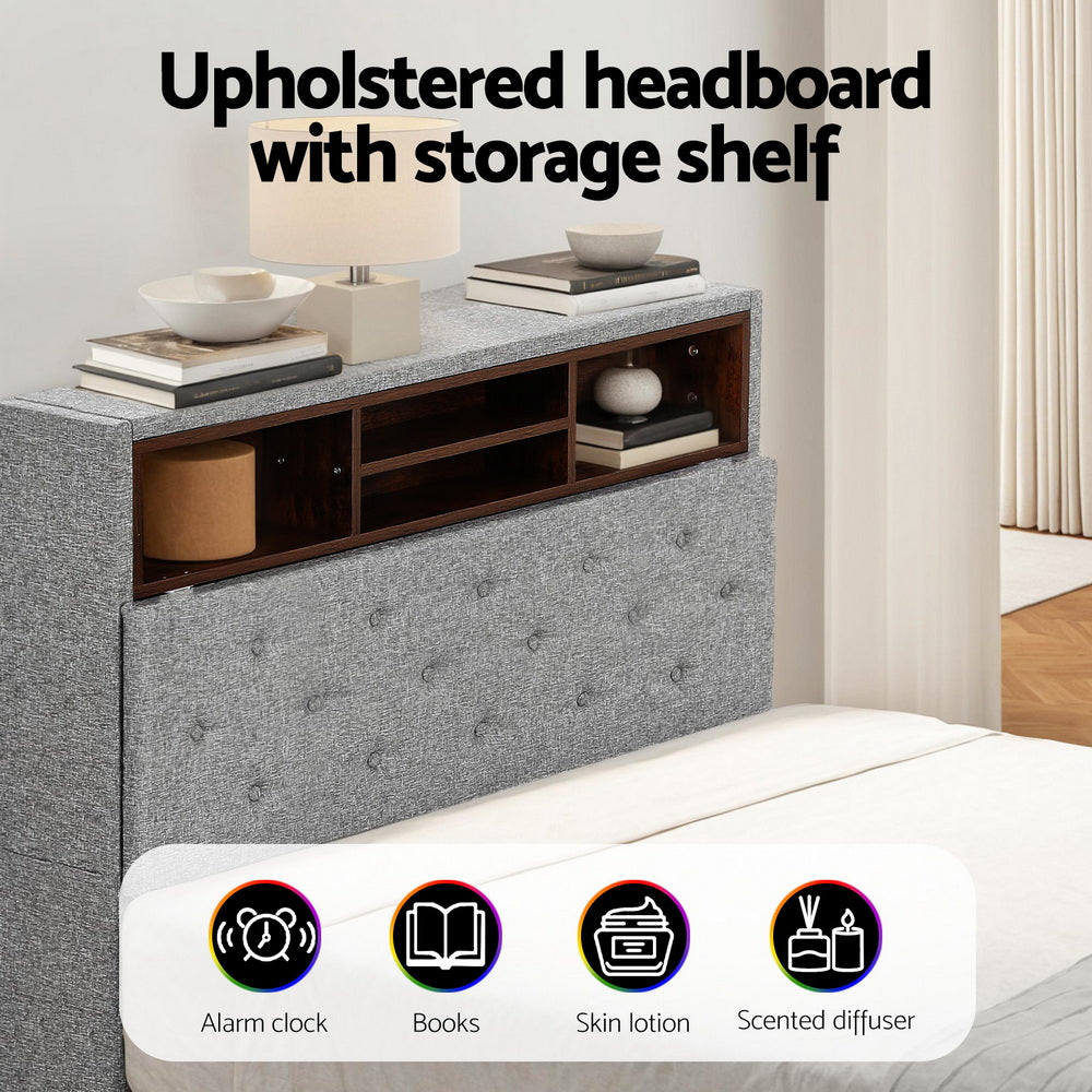 Bed Frame with LED Lighting and Hidden Storage – King Single, Grey Faux Linen