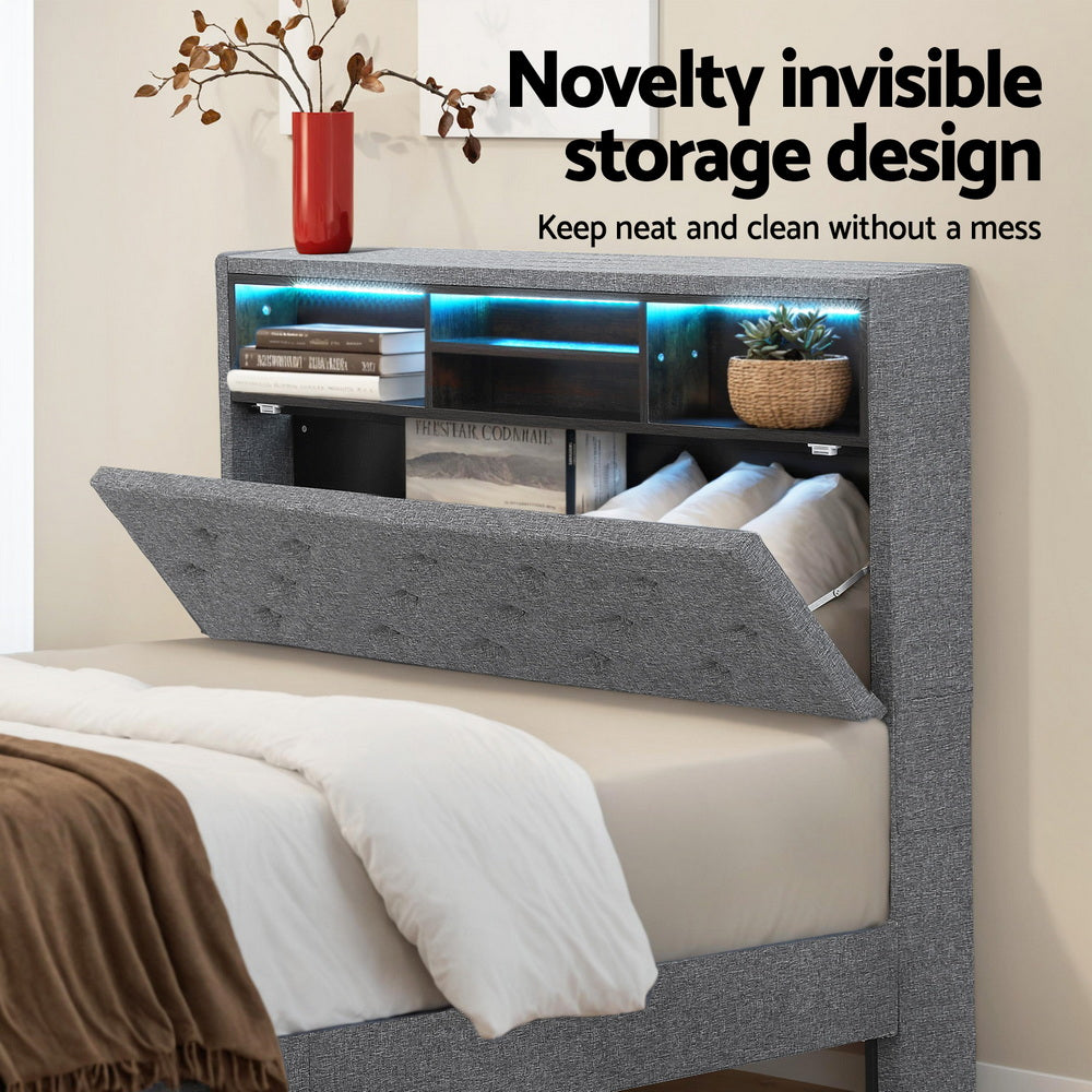 Bed Frame with LED Lighting and Hidden Storage – King Single, Grey Faux Linen