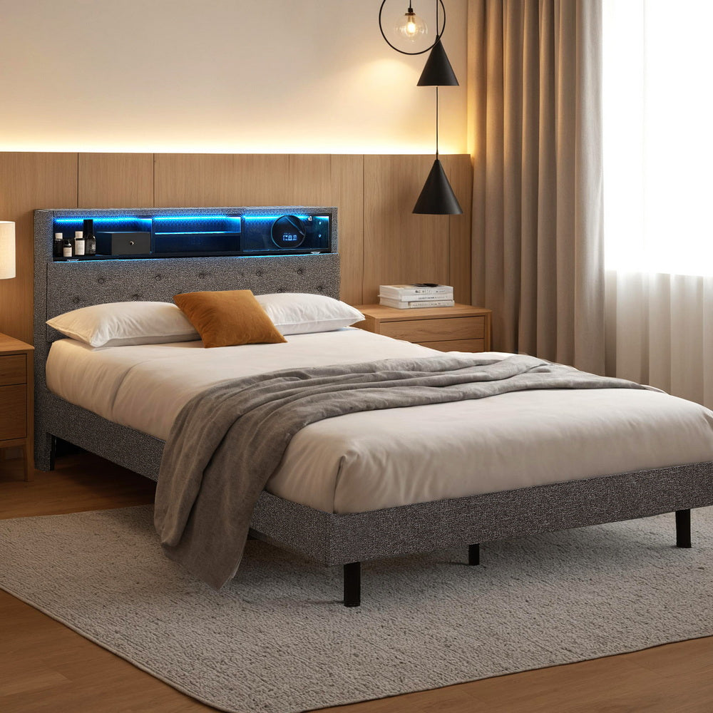 Bed Frame with LED Lighting and Hidden Storage – King Single, Grey Faux Linen