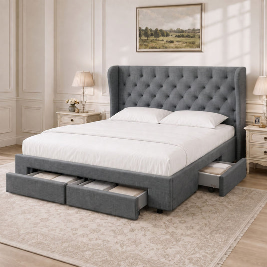 Mila Bed Frame – Tufted Headboard with 4 Drawers, King Size Charcoal