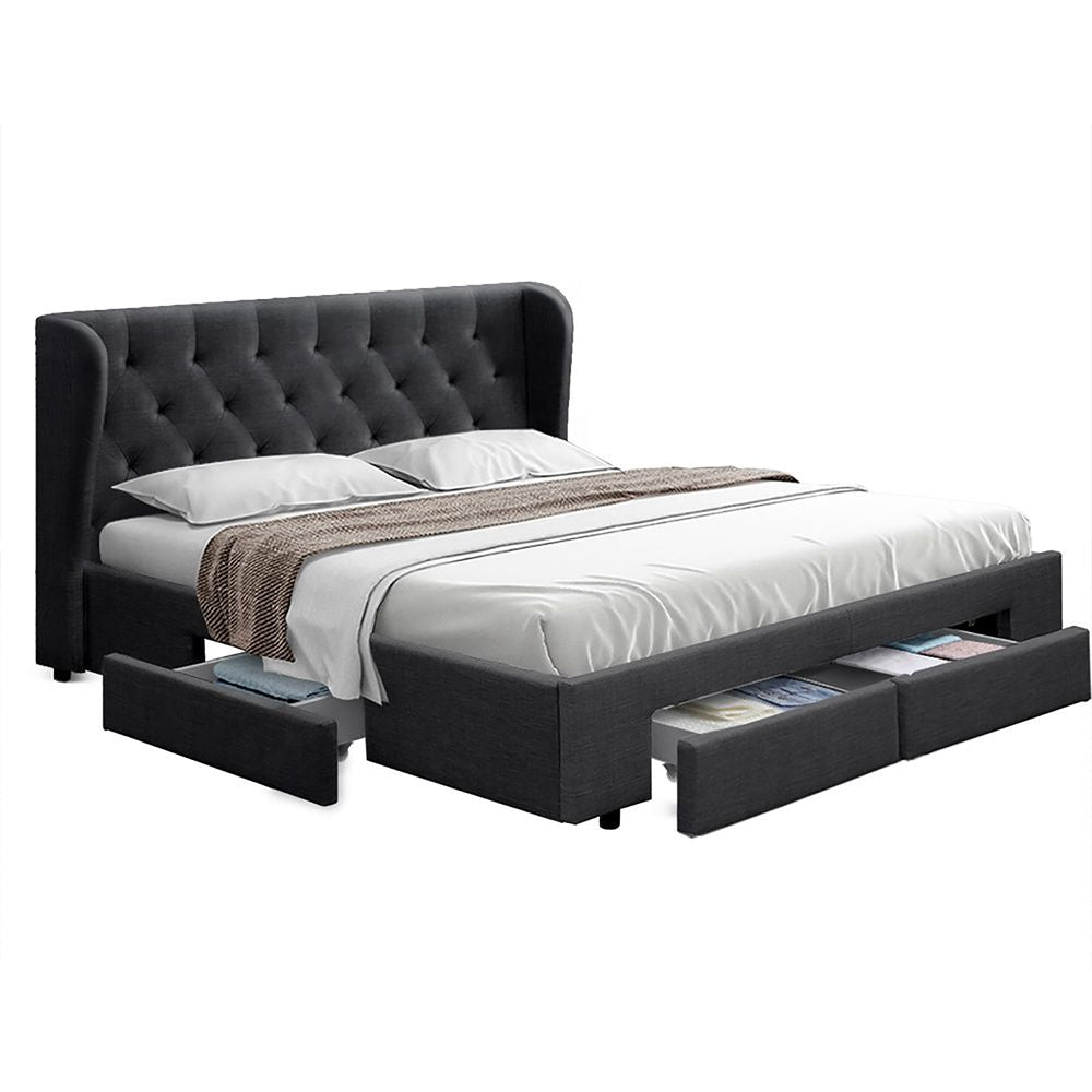 Mila Bed Frame – Tufted Headboard with 4 Drawers, King Size Charcoal