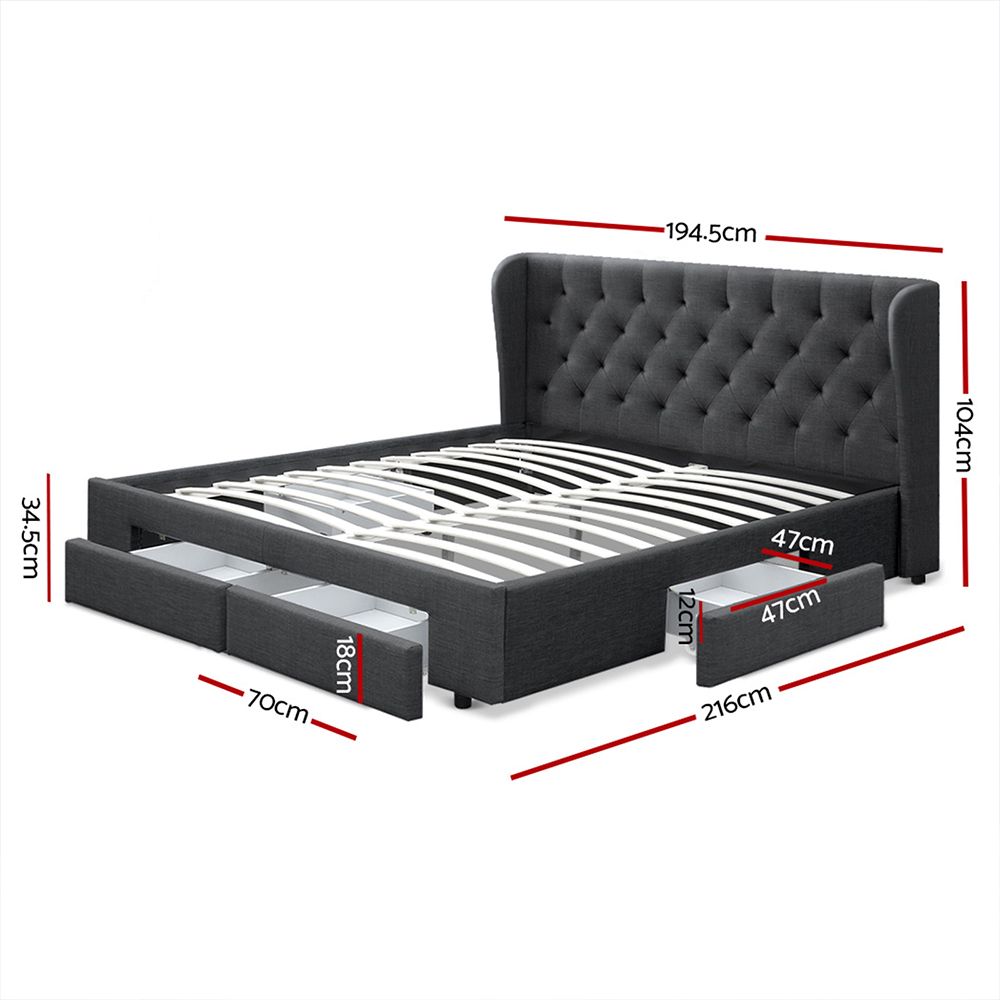 Mila Bed Frame – Tufted Headboard with 4 Drawers, King Size Charcoal