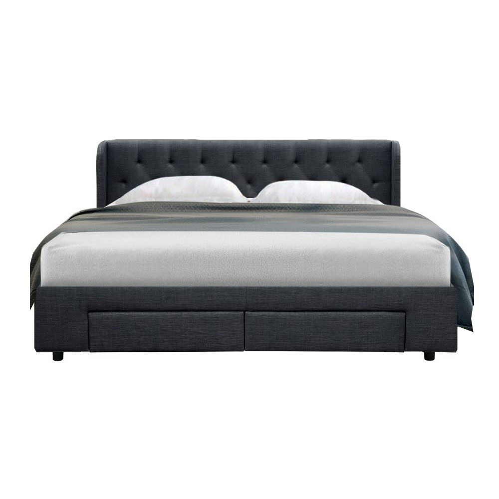 Mila Bed Frame – Tufted Headboard with 4 Drawers, King Size Charcoal