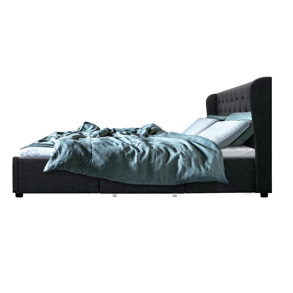 Mila Bed Frame – Tufted Headboard with 4 Drawers, King Size Charcoal