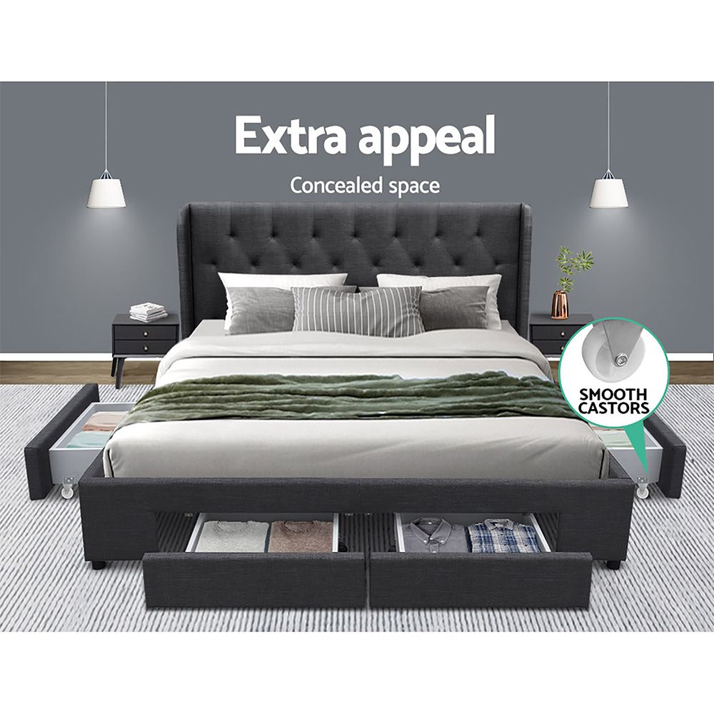 Mila Bed Frame – Tufted Headboard with 4 Drawers, King Size Charcoal