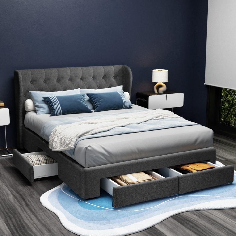 Mila Bed Frame - Tufted Headboard with 4 Drawers, Queen Size Charcoal