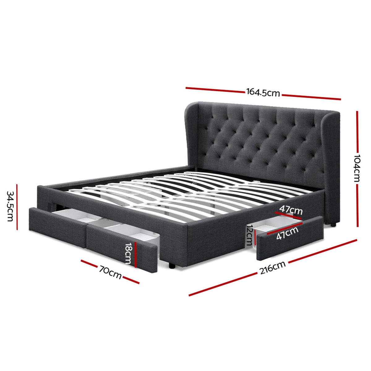 Mila Bed Frame - Tufted Headboard with 4 Drawers, Queen Size Charcoal