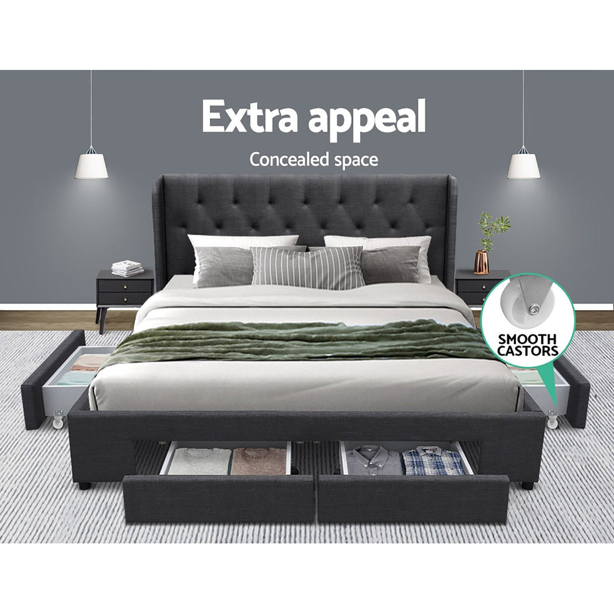 Mila Bed Frame - Tufted Headboard with 4 Drawers, Queen Size Charcoal