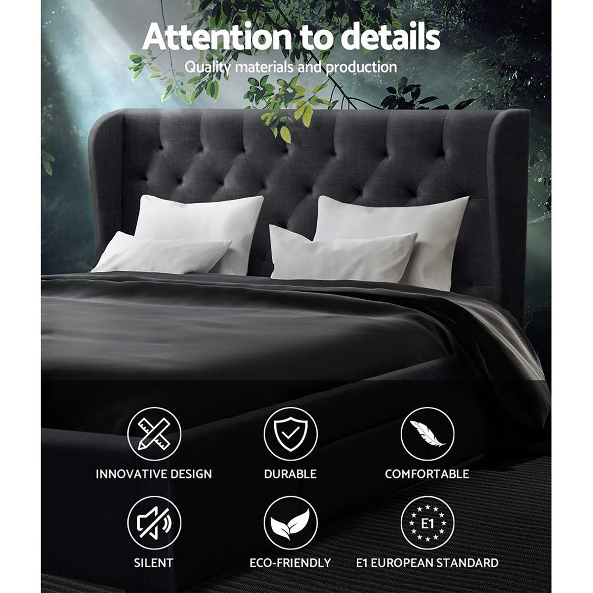 Mila Bed Frame - Tufted Headboard with 4 Drawers, Queen Size Charcoal