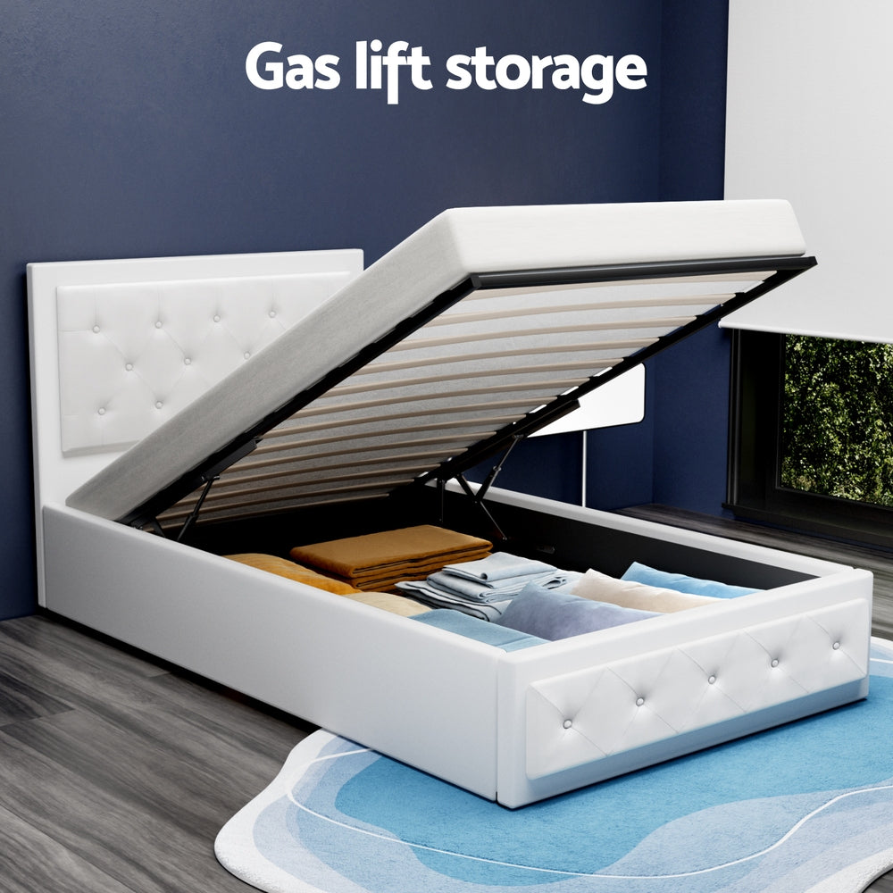 TWSC Bed Frame King Single Size Gas Lift White TIYO