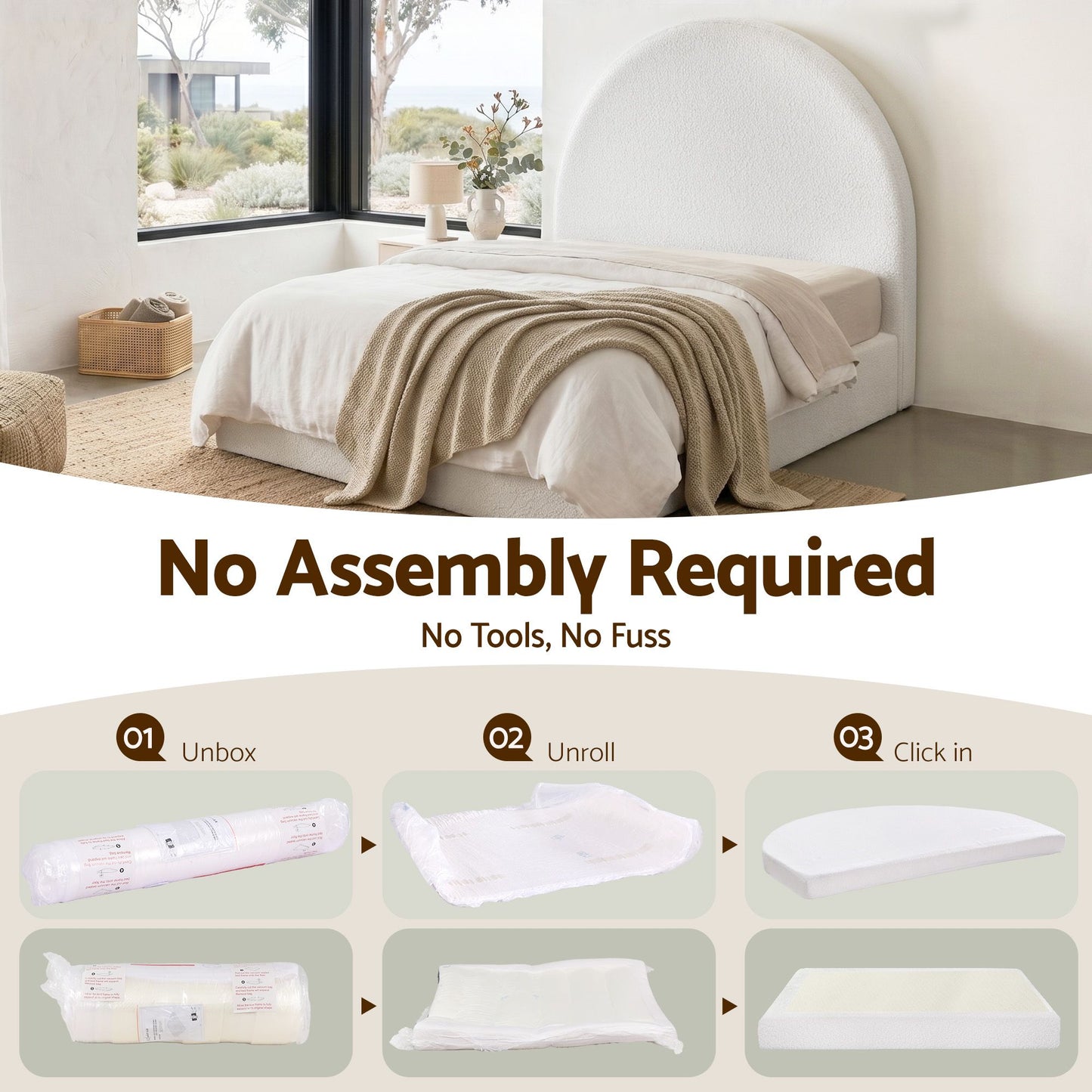 TWSC Double Bed Frame Boucle Fabric Vacuum Compressed Beds Removable Washable Cover No-Assembly