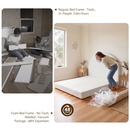 TWSC Double Bed Frame Boucle Fabric Vacuum Compressed Beds Removable Washable Cover No-Assembly