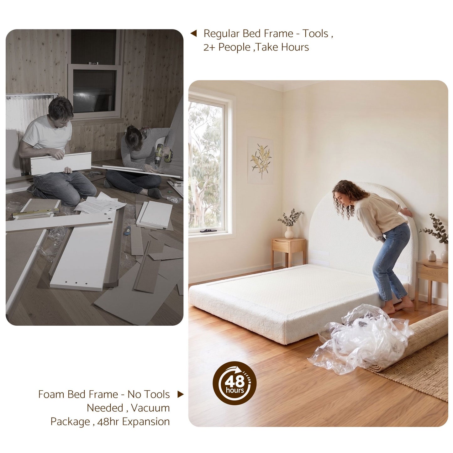 TWSC Queen Bed Frame Boucle Fabric Vacuum Compressed Beds Removable Washable Cover No-Assembly