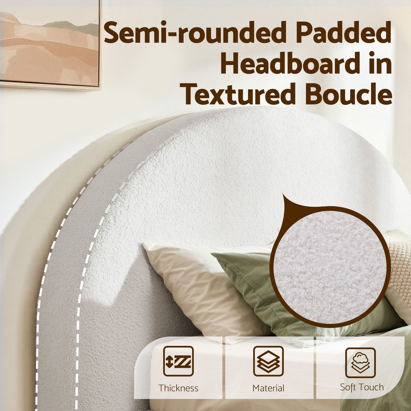 TWSC Queen Bed Frame Boucle Fabric Vacuum Compressed Beds Removable Washable Cover No-Assembly