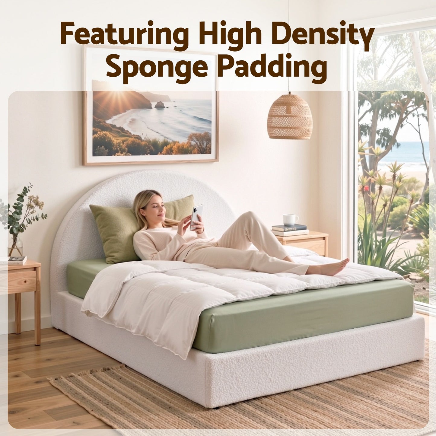 TWSC Queen Bed Frame Boucle Fabric Vacuum Compressed Beds Removable Washable Cover No-Assembly