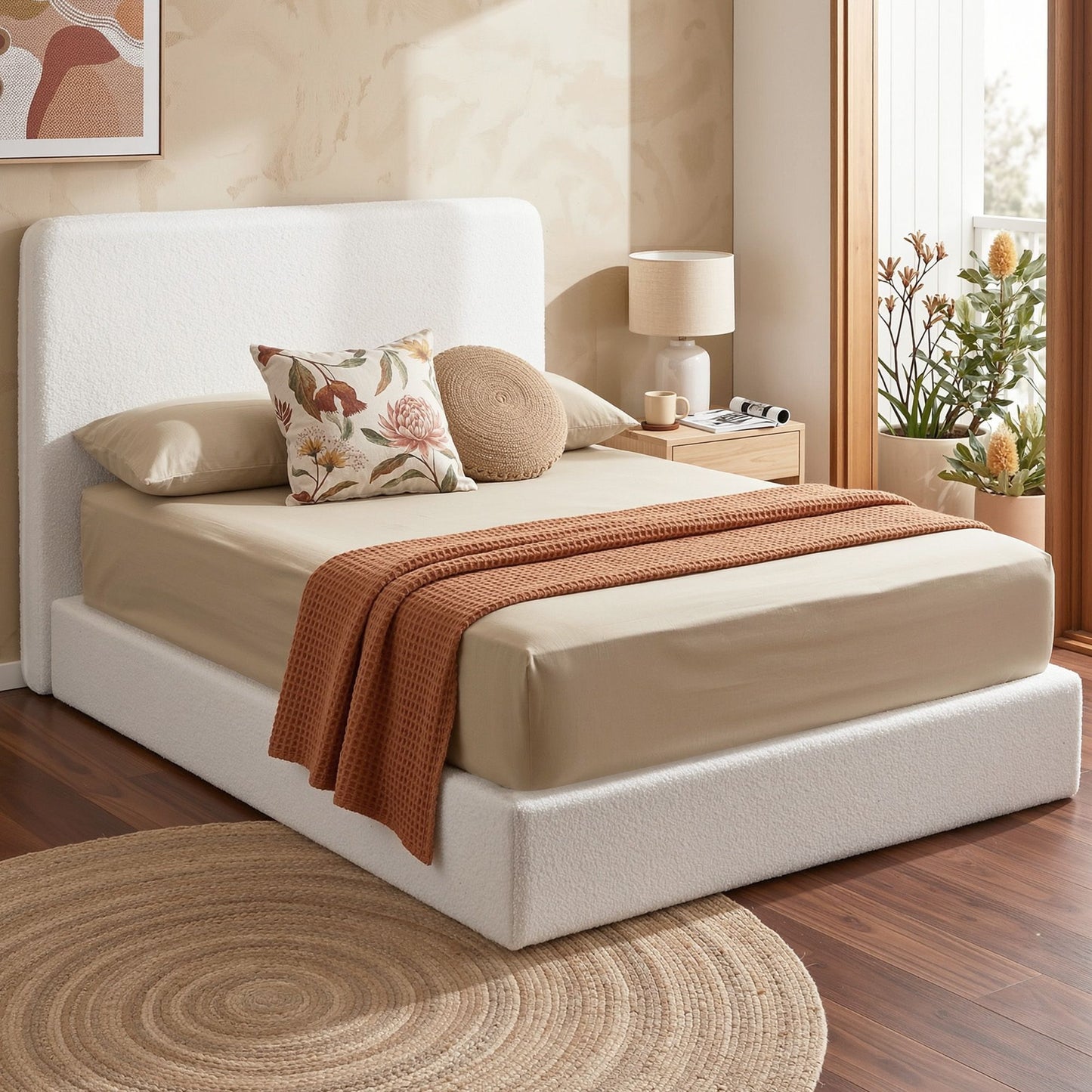 Double Bed Frame – Boucle Fabric, Vacuum Compressed, Removable Washable Cover