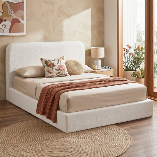 TWSC Queen Bed Frame Boucle Fabric Vacuum Compressed Beds Washable Cover No-Assembly