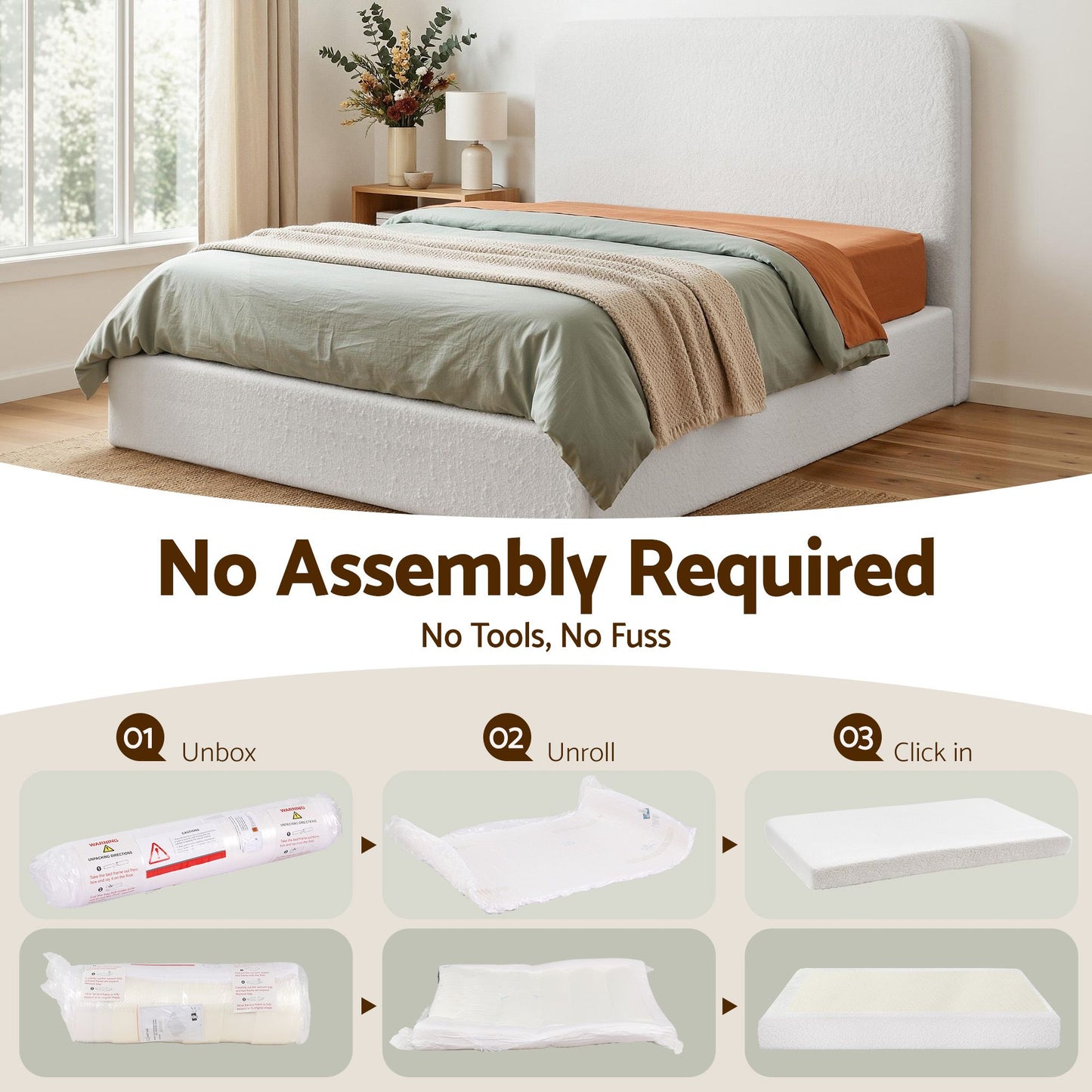TWSC Queen Bed Frame Boucle Fabric Vacuum Compressed Beds Washable Cover No-Assembly