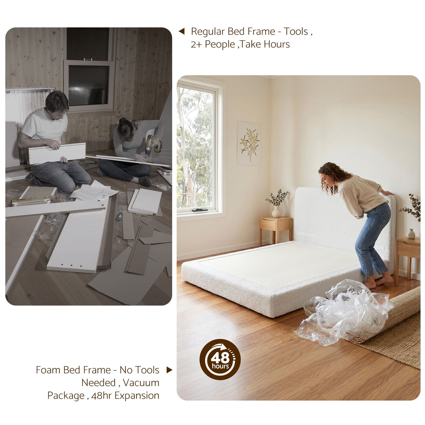 TWSC Queen Bed Frame Boucle Fabric Vacuum Compressed Beds Washable Cover No-Assembly