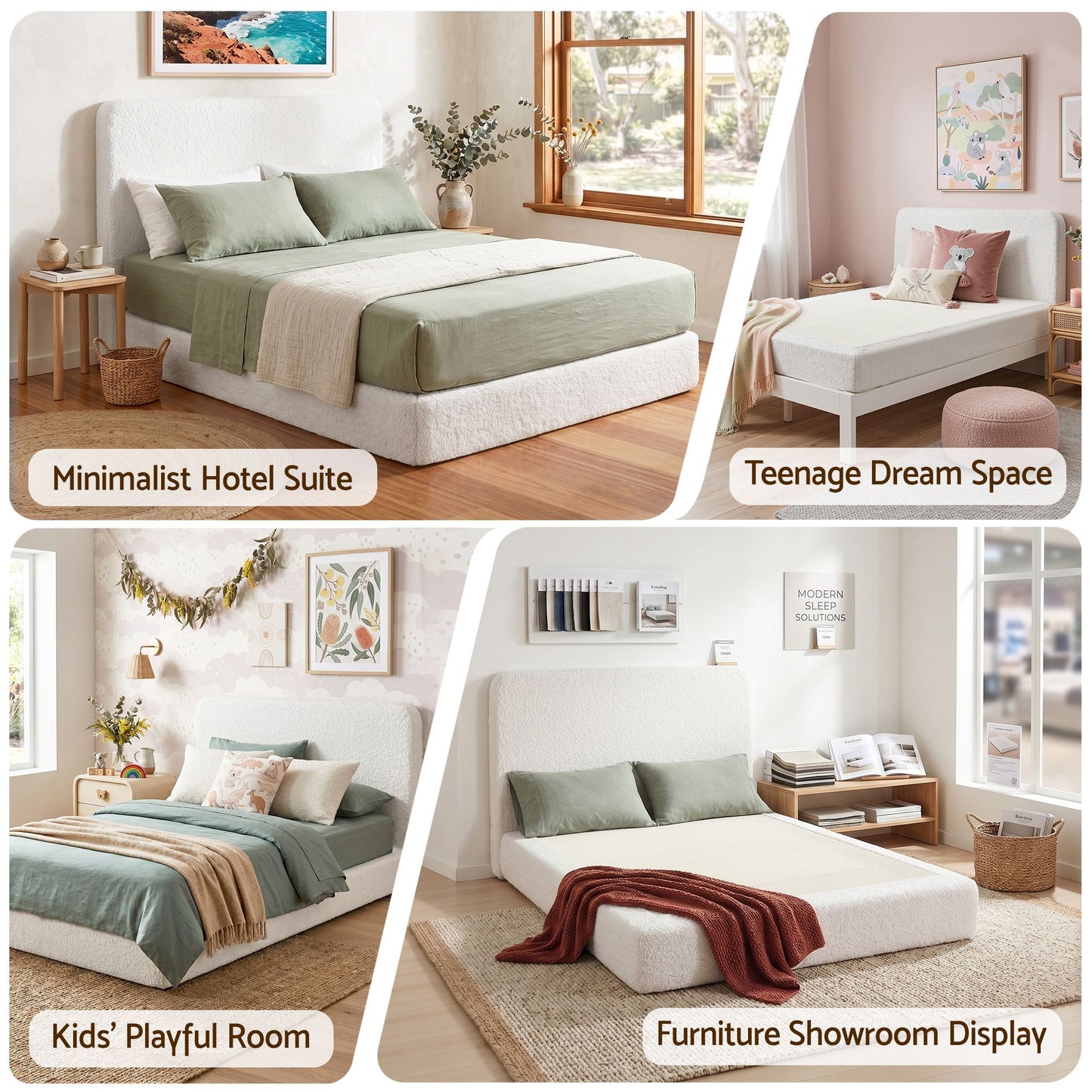 TWSC Queen Bed Frame Boucle Fabric Vacuum Compressed Beds Washable Cover No-Assembly