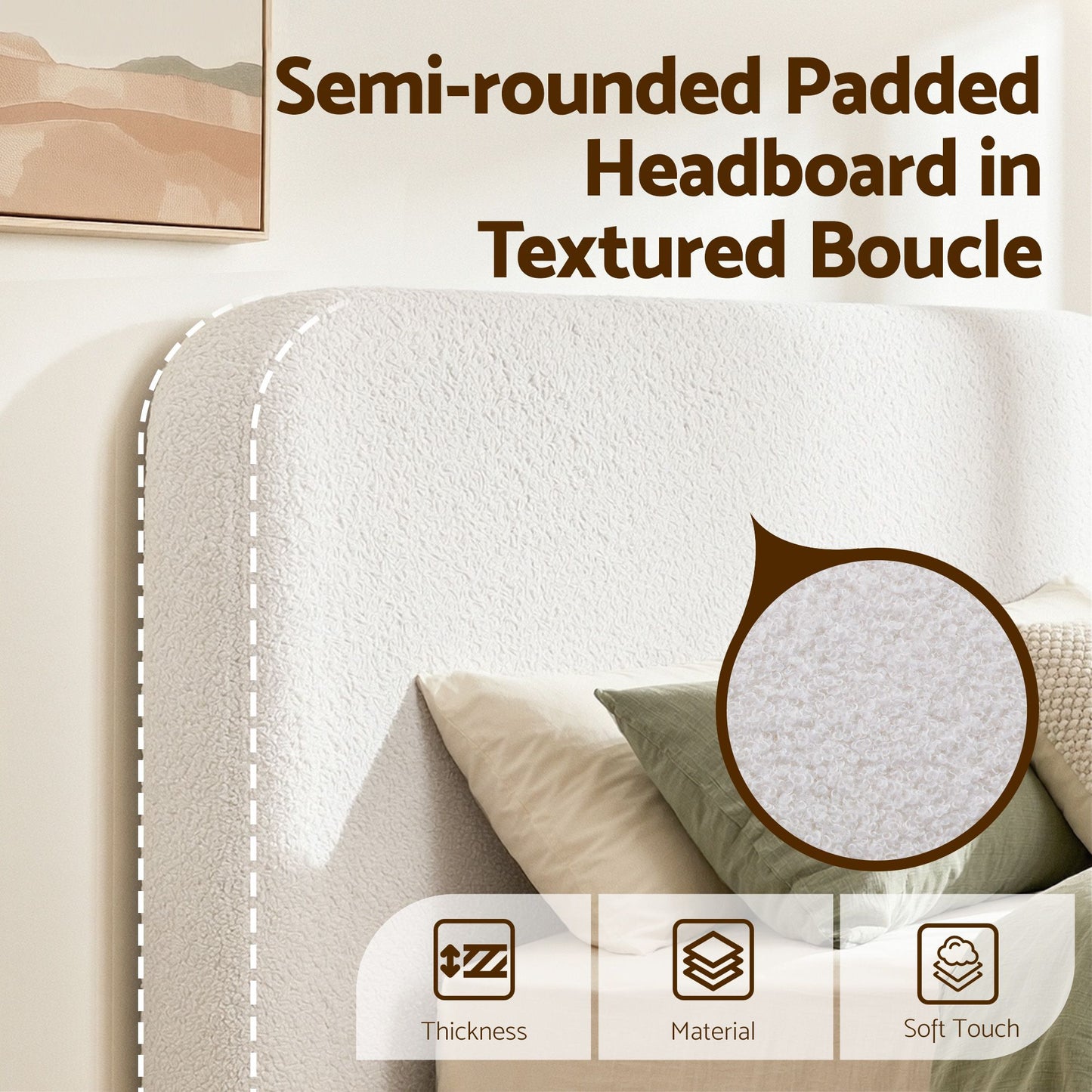 TWSC Queen Bed Frame Boucle Fabric Vacuum Compressed Beds Washable Cover No-Assembly