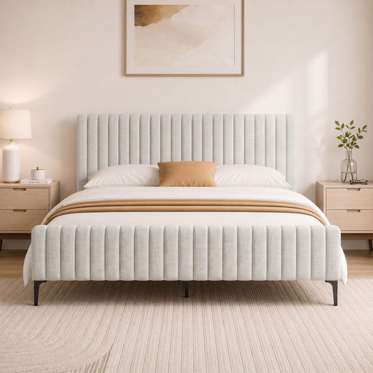 Ammy Bed Frame – Upholstered Faux Linen, King Size, Beige