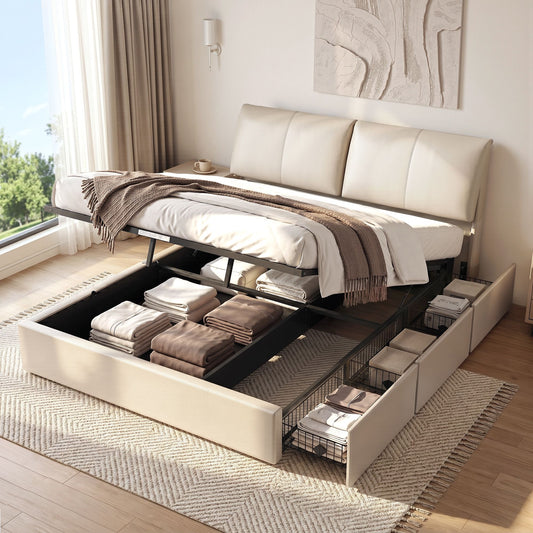 TWSC King Bed Frame Gas Lift Storage 3 Drawers Adjustable Headboard Platform Base