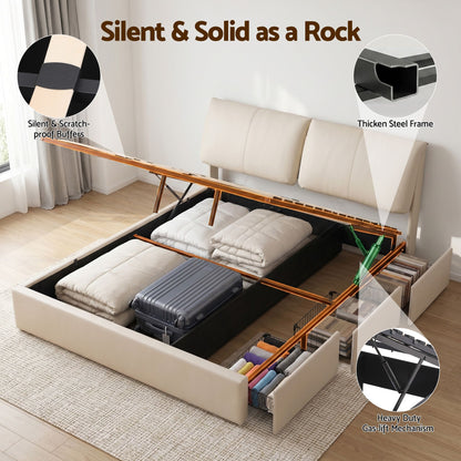 TWSC King Bed Frame Gas Lift Storage 3 Drawers Adjustable Headboard Platform Base
