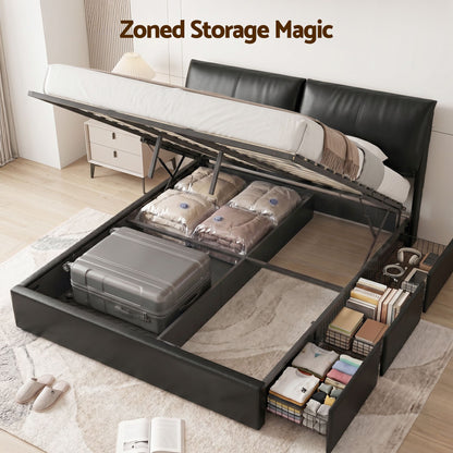 TWSC King Bed Frame Gas Lift Storage 3 Drawers Adjustable Headboard Platform Bed Black
