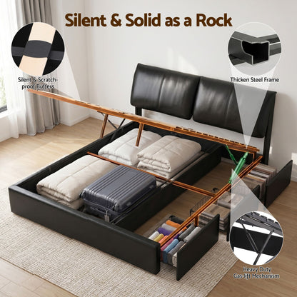 TWSC King Bed Frame Gas Lift Storage 3 Drawers Adjustable Headboard Platform Bed Black