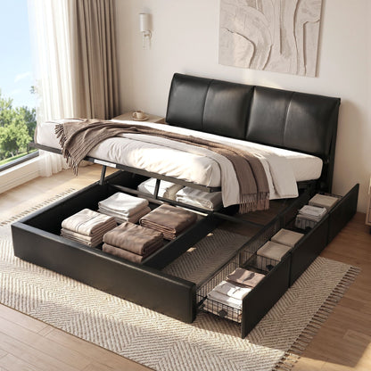 TWSC King Bed Frame Gas Lift Storage 3 Drawers Adjustable Headboard Platform Bed Black