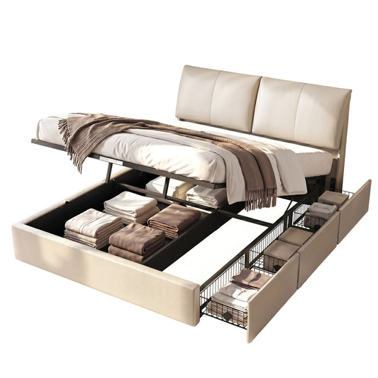 TWSC Queen Bed Frame Gas Lift Storage 3 Drawers Adjustable Headboard Platform Base