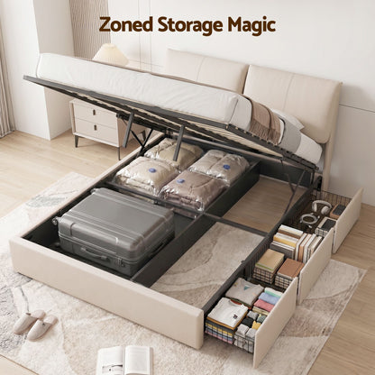 TWSC Queen Bed Frame Gas Lift Storage 3 Drawers Adjustable Headboard Platform Base