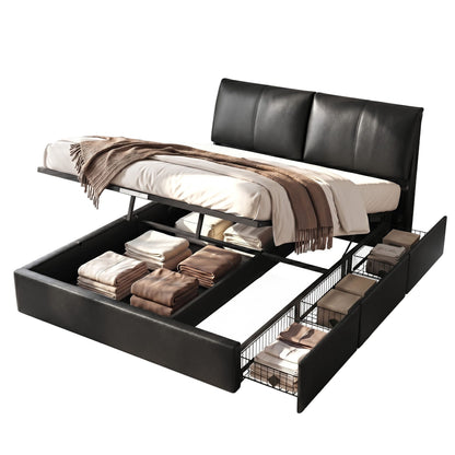 TWSC Queen Bed Frame Gas Lift Storage 3 Drawers Adjustable Headboard Platform Bed Black