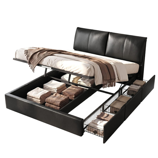 TWSC Queen Bed Frame Gas Lift Storage 3 Drawers Adjustable Headboard Platform Bed Black