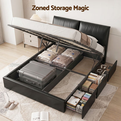 TWSC Queen Bed Frame Gas Lift Storage 3 Drawers Adjustable Headboard Platform Bed Black