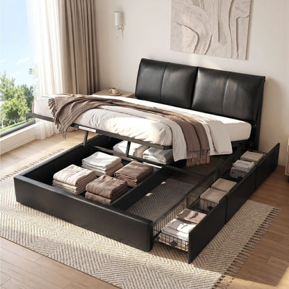 TWSC Queen Bed Frame Gas Lift Storage 3 Drawers Adjustable Headboard Platform Bed Black