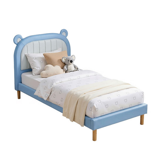 Kids King Single Bed Frame – Upholstered Bear Headboard, Blue & White, Waterproof Leather