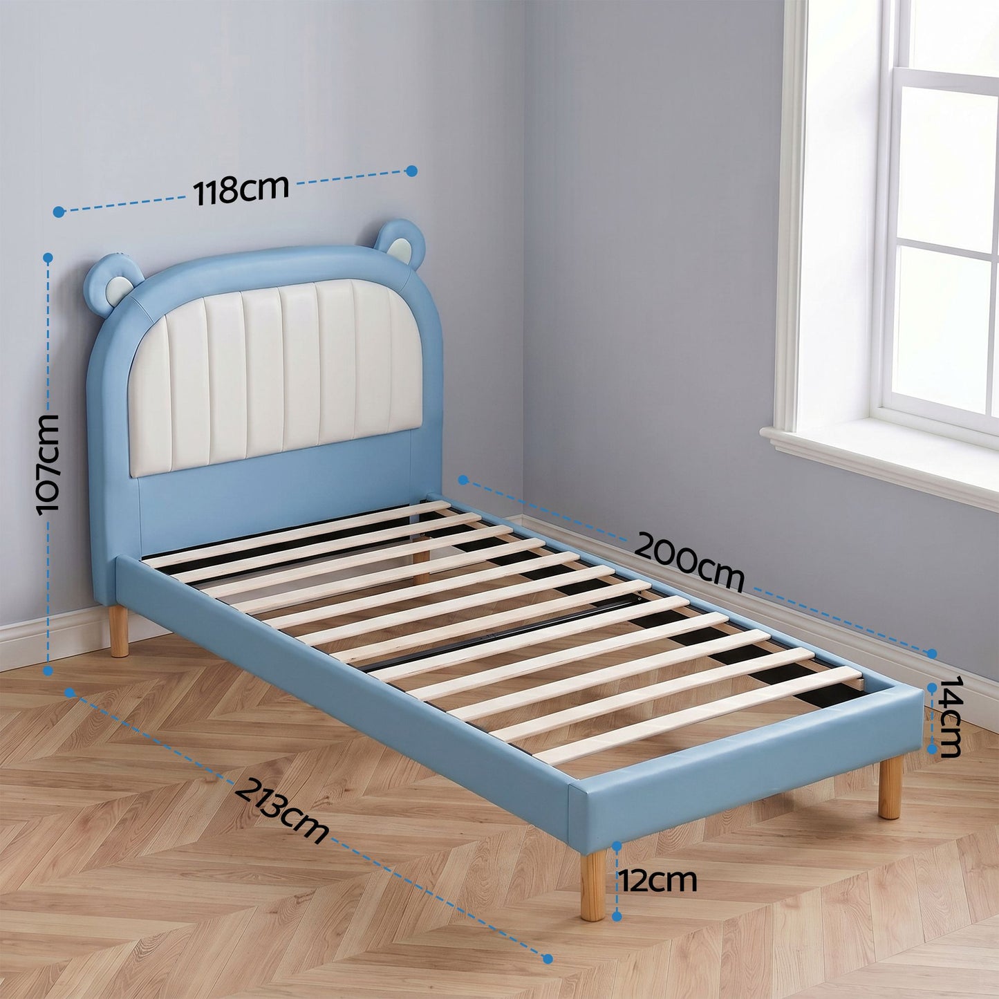 Kids King Single Bed Frame – Upholstered Bear Headboard, Blue & White, Waterproof Leather