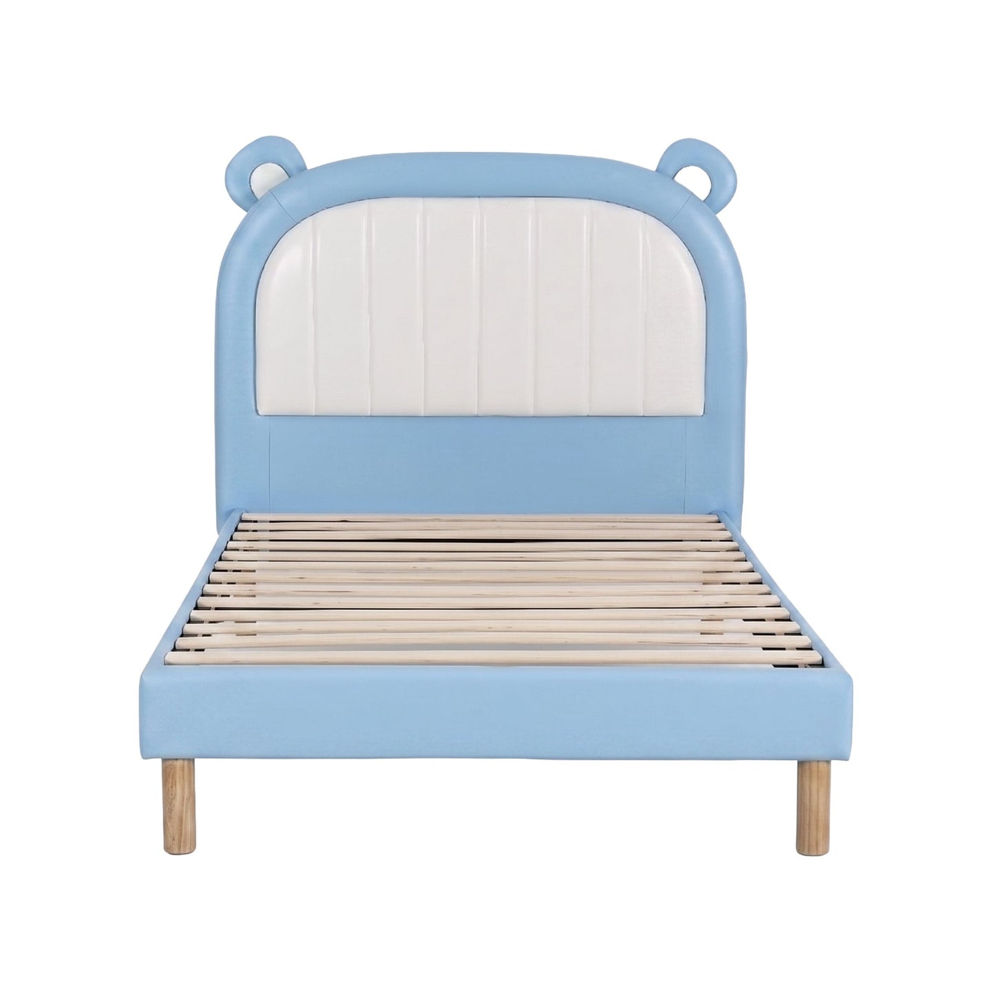 Kids King Single Bed Frame – Upholstered Bear Headboard, Blue & White, Waterproof Leather