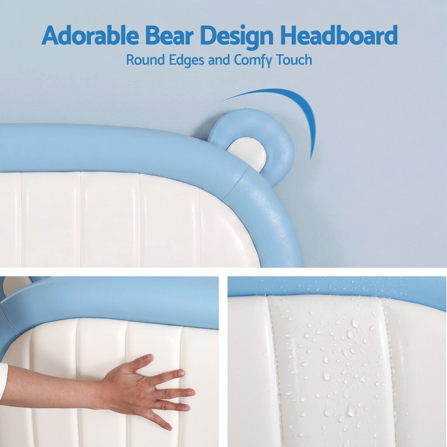 Kids King Single Bed Frame – Upholstered Bear Headboard, Blue & White, Waterproof Leather