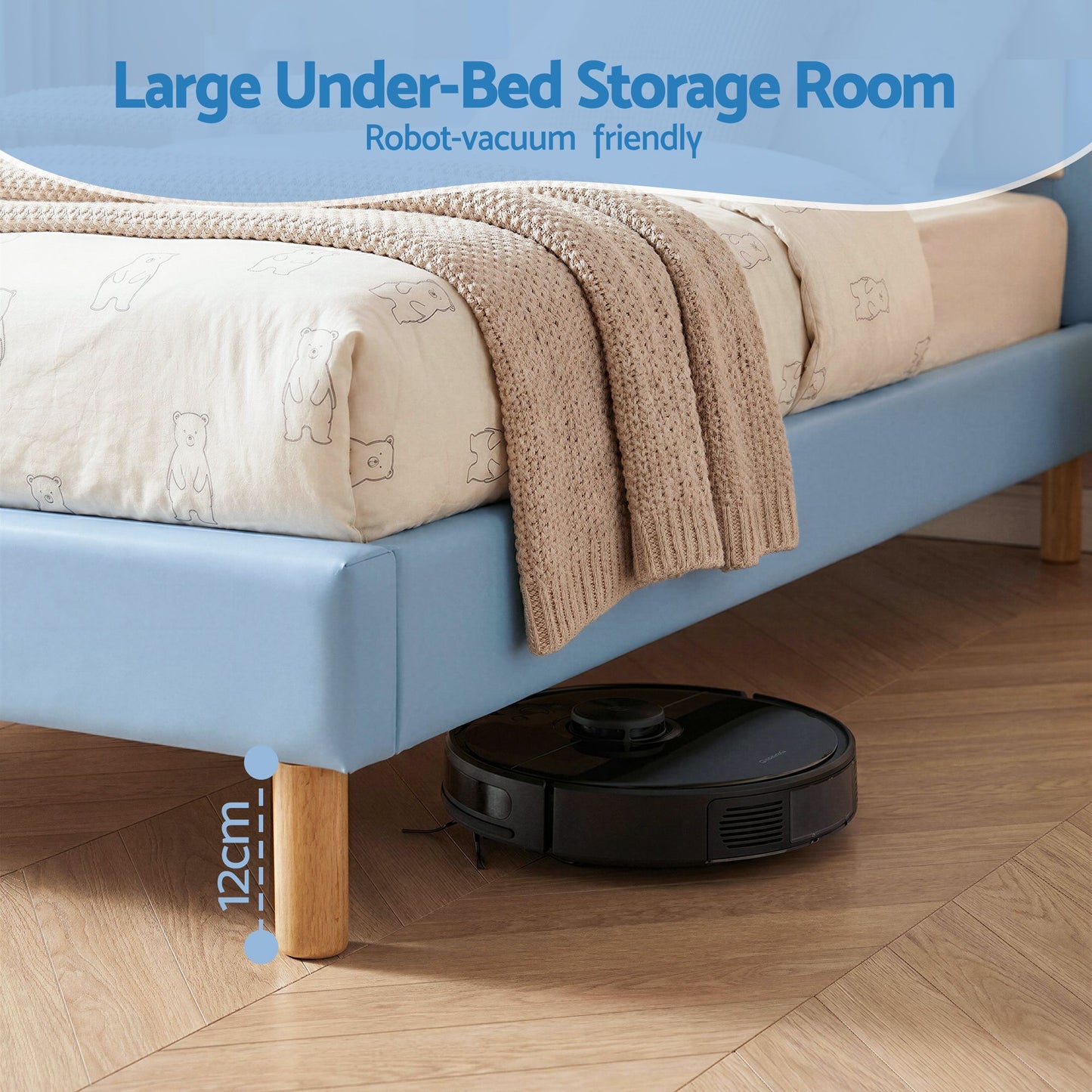 Kids King Single Bed Frame – Upholstered Bear Headboard, Blue & White, Waterproof Leather