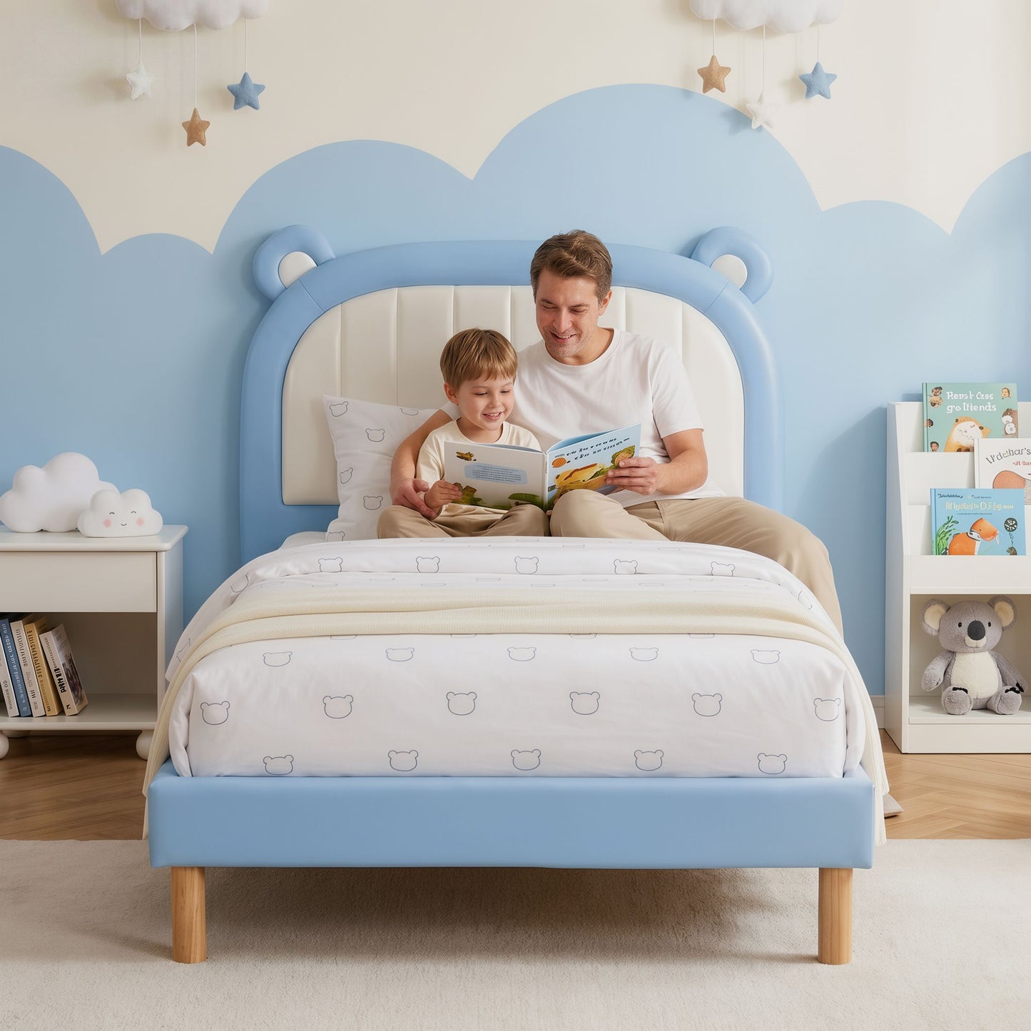 Kids King Single Bed Frame – Upholstered Bear Headboard, Blue & White, Waterproof Leather