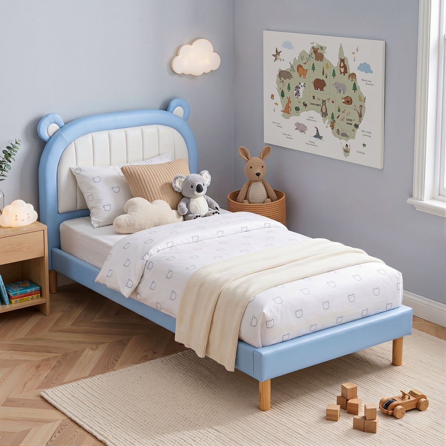 Kids King Single Bed Frame – Upholstered Bear Headboard, Blue & White, Waterproof Leather